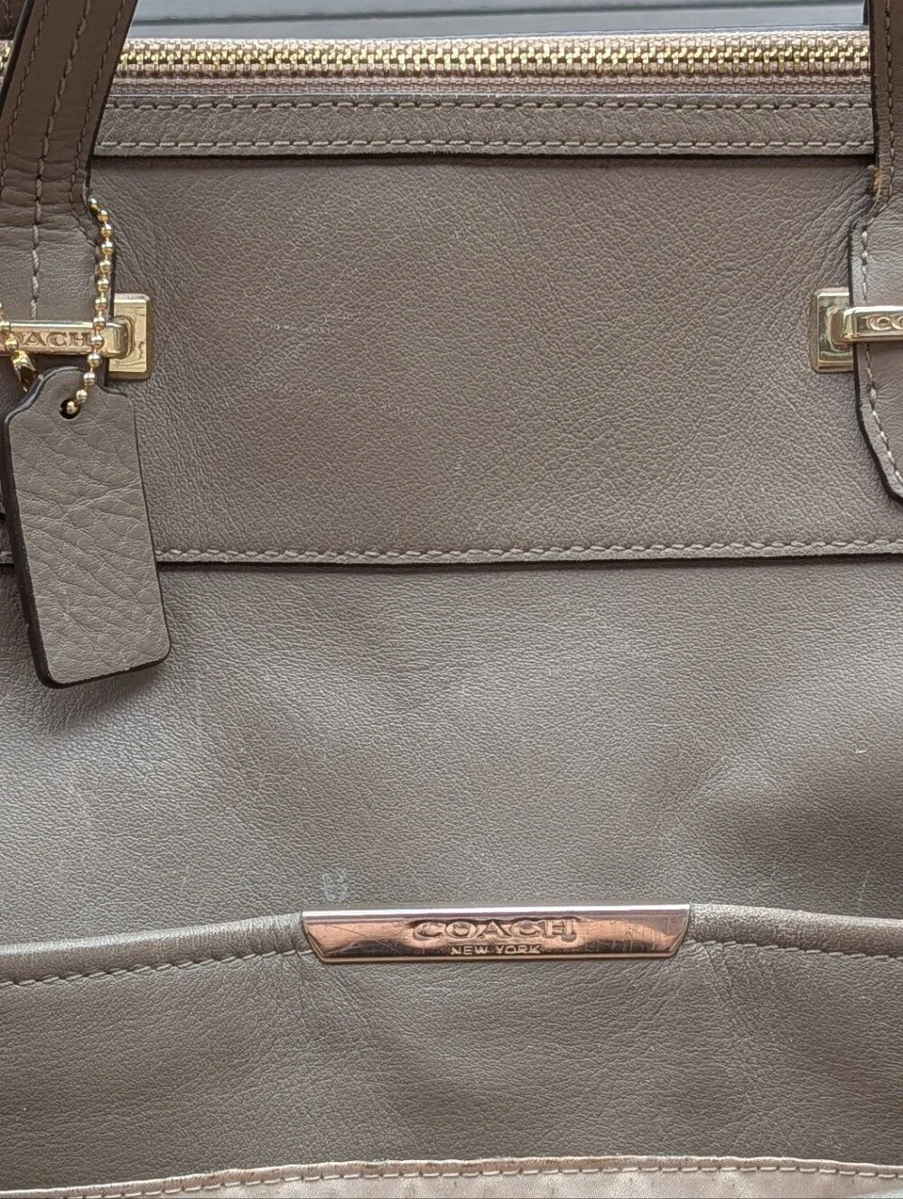 Coach Taupe Leather Tote with Front Pocket and Silver-Tone Accents